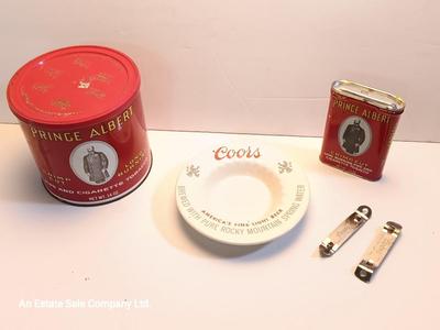 Prince Albert tins - Coors pottery ashtray - can openers
