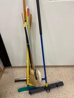 Lot 597 broom, squeegees and dusters