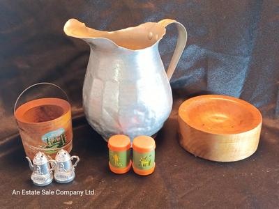 Vintage aluminum water pitcher with salt & pepper shakers and more