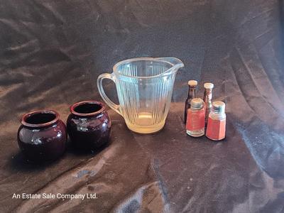 Vintage small glass pitcher with two crock like bowls and salt & pepper shakers