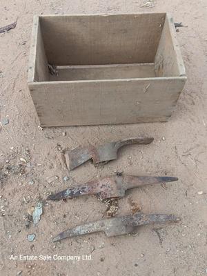 Wooden crate / Box with three vintage pickaxe heads - each a different style