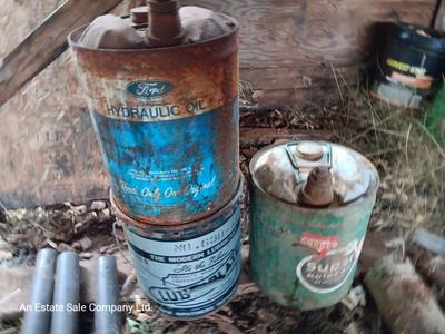 Two vintage metal oil cans - and a metal bucket