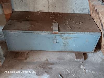 Long grey wooden storage box / lidded tool crate