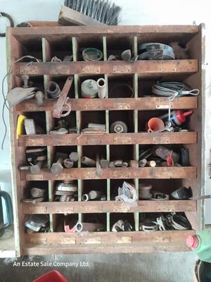 Vintage Divided wooden organizer box full of assorted hardware.