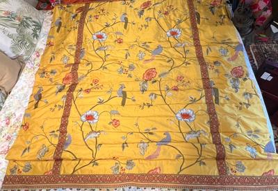 Roman Shade Silk Embroidery Birds Flowers Set 3 Lined Corded Yellow Gold Red Fringe