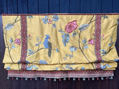 Roman Shade Silk Embroidery Birds Flowers Set 3 Lined Corded Yellow Gold Red Fringe