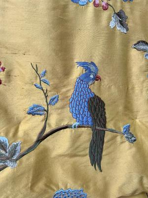 Roman Shade Silk Embroidery Birds Flowers Set 3 Lined Corded Yellow Gold Red Fringe