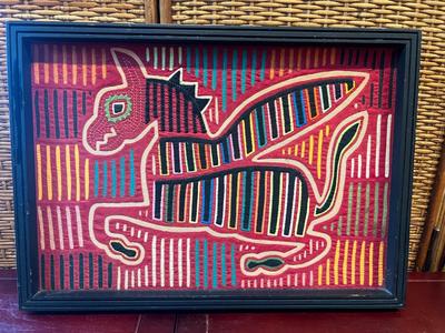 Vintage Folk Art Mola Textile Fabric Art Handmade Tapestry Framed Dragon