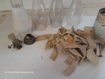 Four oil lantern glass globes / chimney with wicks and 2 vintage tops