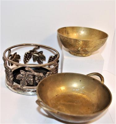 2 Brass Style Cups & Metaled Flower Design Candle/Plant Holder
