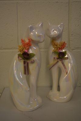 Pair of Vintage 1970's Iridescent Cat Statues Decor 12"