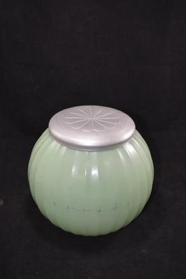 Vintage Jadeite Colored Cookie Jar & Floral Metal Lid AS IS 7.5"