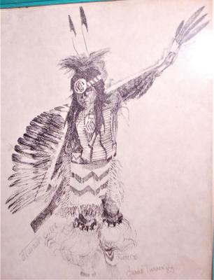 "Indian-Styled" Art Drawing - Glass Fronted Frame 14 1/2" x 11 1/2" Signed Duane Turner