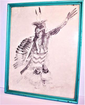 "Indian-Styled" Art Drawing - Glass Fronted Frame 14 1/2" x 11 1/2" Signed Duane Turner