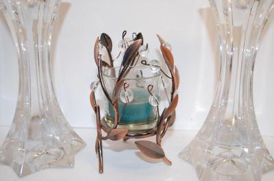 2 Glass Candlesticks ( 6" H) & Metal Votive Cup