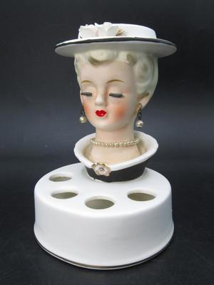Vintage Lady Lipstick Holder Head Japan Ceramic Figurine Napco?