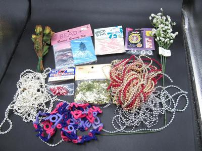 Lot of Retro Crafting Supplies Faux Flower Floral Arrangements, Confetti, Beads & More