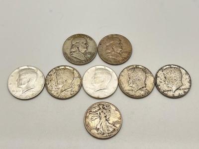 Lot 338J: Silver U.S. Half Dollars - 1 Walking Liberty, 2 Benjamin Franklin, 4 90% Silver JFK, 1 40% JFK