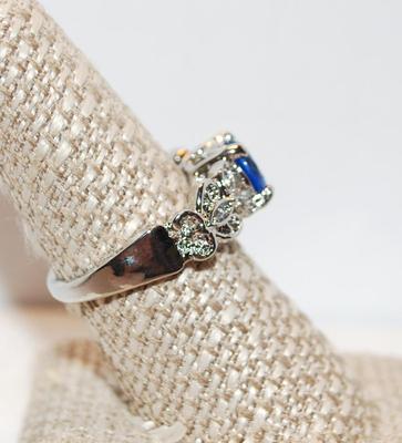 Hexagon Blue Gemstone on Silver Tone Setting Made of Brass Size 8 1/2