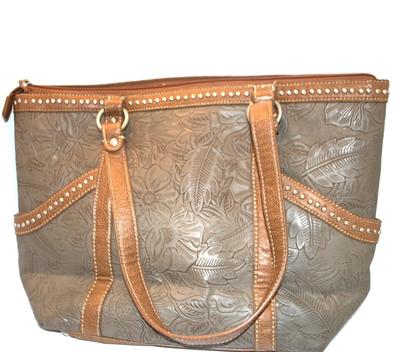 Large Studded Strap Purse with Flower Embossed Sides & Multiple Pockets 15