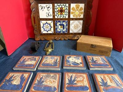 Lot 802 vintage wood and tile tray