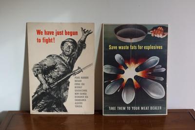 ORIGINAL WWII 1943 "We have just begun to fight!" & "Save waste fats for explosives" Thick Posters