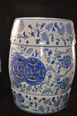Asian Ceramic Floral Blue & White Garden Seat/Stool 18â€x13â€