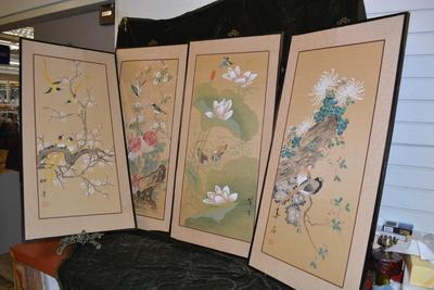 Vintage 4 Panel Hand Painted Asian Wall Hangings 36â€x18â€ Each