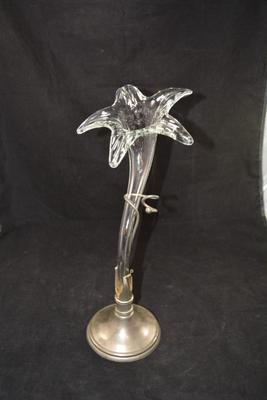 Vintage Hand Blown Lily Vase with Metal Base 15.5â€ Tall