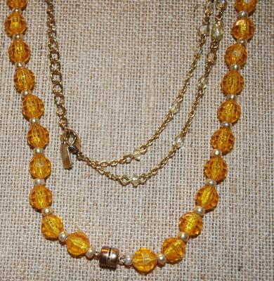 Amber Acrylic & Clear Stones Necklaces 1 @ 18" L and 1 @ 24" L