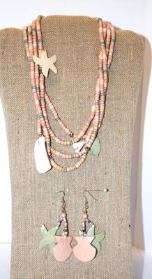 Pinks & Greens Tropical Style Necklace & Matching Earrings 20" L