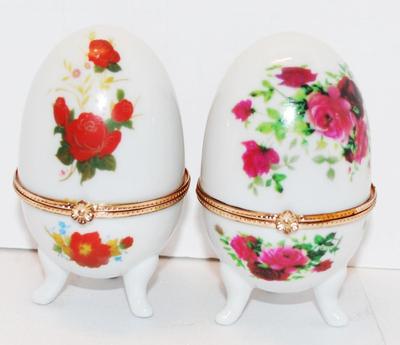 Pair of Rose Flowered Hinged Trinket Box Eggs 4" H
