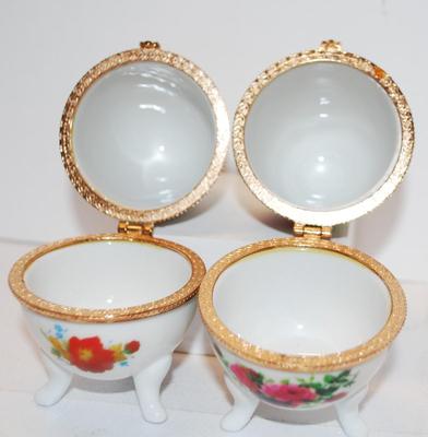 Pair of Rose Flowered Hinged Trinket Box Eggs 4" H