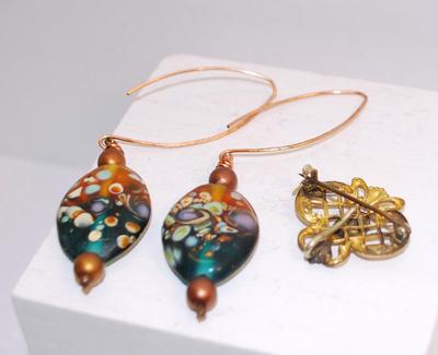 Very Colorful Drop Earrings Pair & "M" Pin
