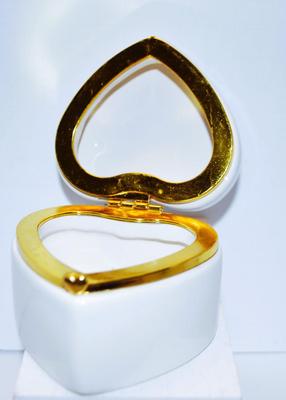 White Heart-Shaped Hinged Trinket Box with Gold Tone Trim 3" W x 2 1/2" H