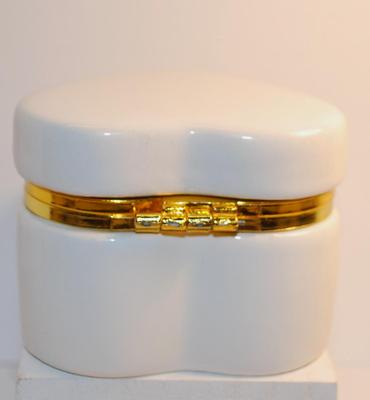 White Heart-Shaped Hinged Trinket Box with Gold Tone Trim 3" W x 2 1/2" H