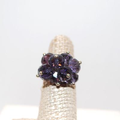 Ring Deep Purple Loose Stone Cluster on Silver Tone Split-Band Setting (5.8g) Size: 6