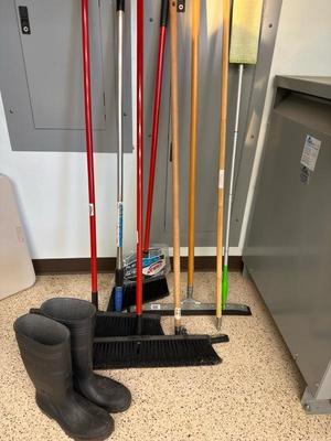 Lot 1209 push brooms and rain boots