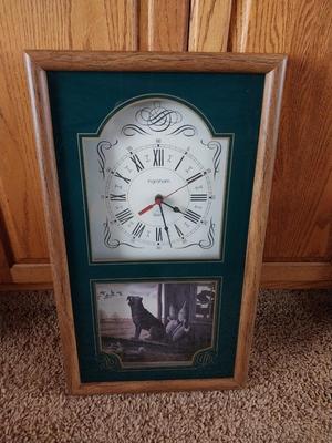 2 SIGNED WATERCOLORS AND A WALL HUNG CLOCK WITH A DUCK HUNTING DOG