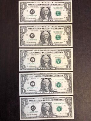 5 CONSECUTIVELY NUMBERED SERIES 1999 $1 BILLS (KANSAS CITY)