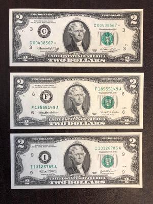 3 $2 BILLS SERIES 1976, 1995, 2003