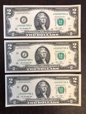 3 CONSECUTIVELY NUMBERED SERIES 2013 $2 BILLS (KANSAS CITY)