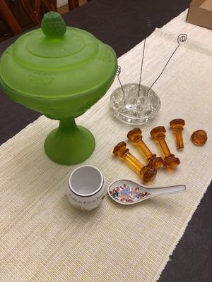 COLORED GLASS LOT AND FLOWER FROG