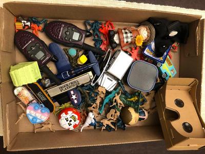 BOX OF SMALL TOYS AND WORKING MOTOROLA 2-WAY RADIOS