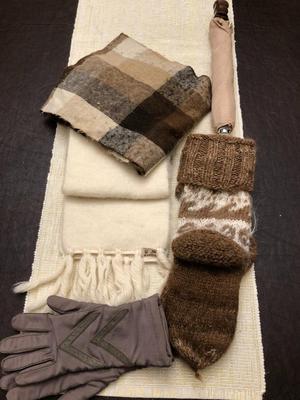 BROWNS: SCARVES, GLOVES, WOOL SOCKS, UMBRELLA