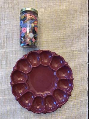 FRANKOMA POTTERY EGGPLATE AND JAR OF BUTTONS