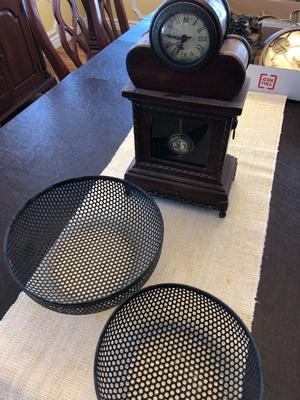 CLOCK AND TWO METAL BASKETS