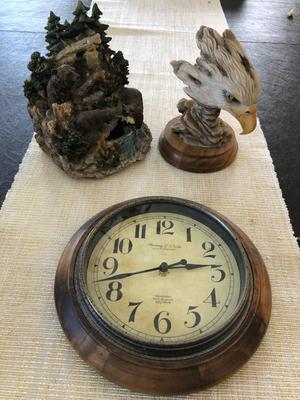 CLOCK, BEARS, AND EAGLE SCULPTURES