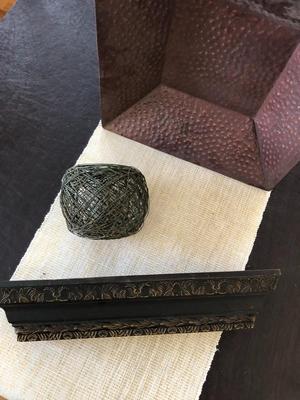 WOODEN FLOATING SHELF, WIRE BALL, AND METAL BOWL DÃ‰COR