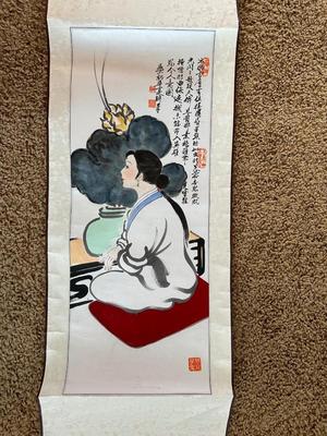 LARGE JAPANESE WATERCOLOR SCROLL & A PRINT FROM THAILAND